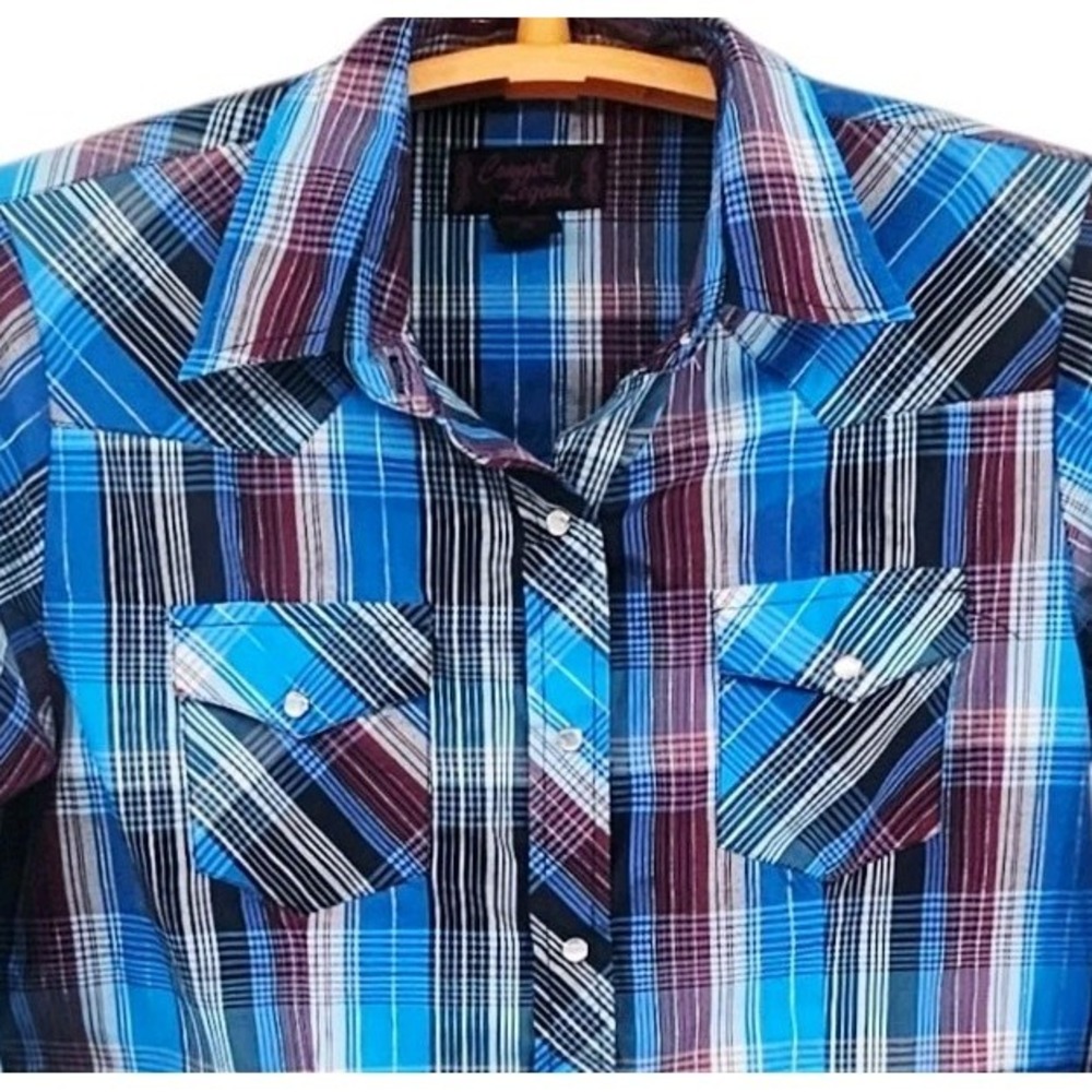Cowgirl Legend Metallic Plaid Western Pearl Snap Long Sleeve Shirt Women's XL